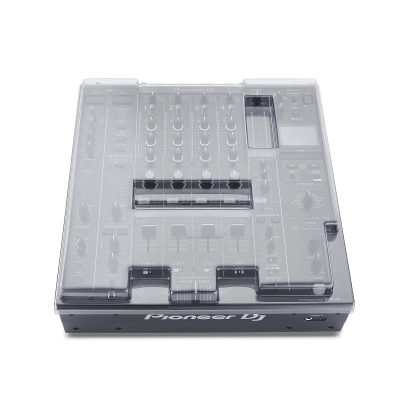 Decksaver cover for Pioneer DJ DJM-A9 mixer, clear protective plastic cover for DJ equipment safety and dust protection.