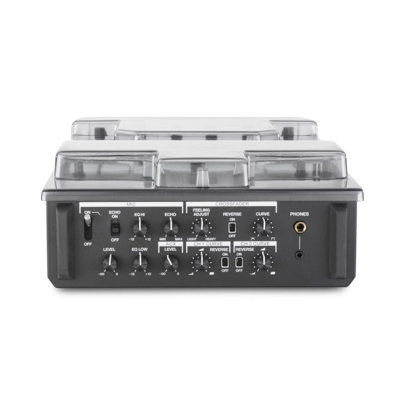 Decksaver Pioneer DJM-S11 cover protecting a DJ mixer from dust and damage, made of durable black plastic.