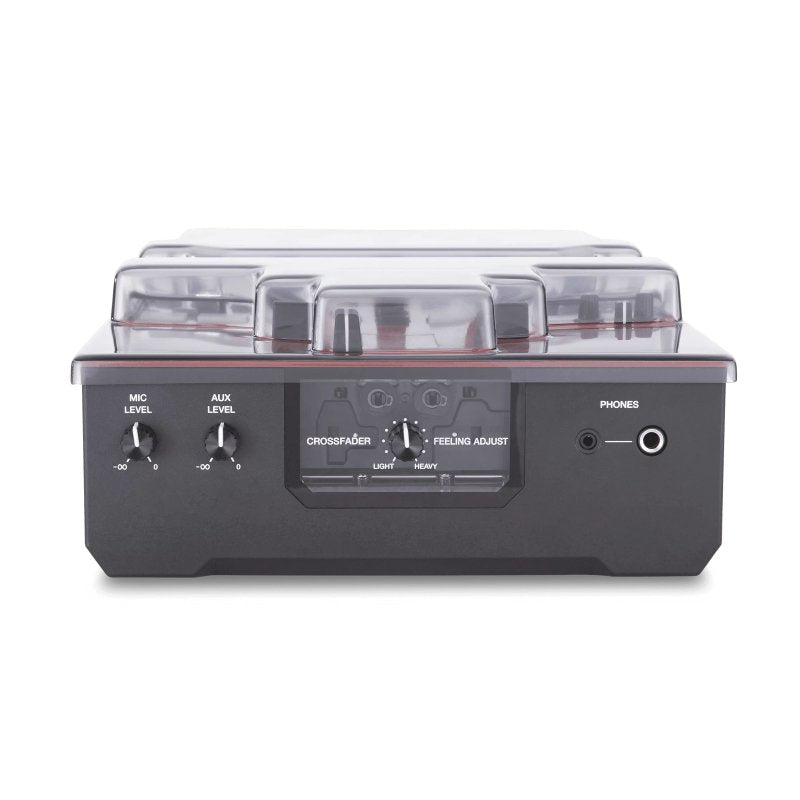 Decksaver cover for Pioneer DJ DJM-S5 mixer, clear protective plastic case for DJ equipment, showing the sleek cover on the mixer.