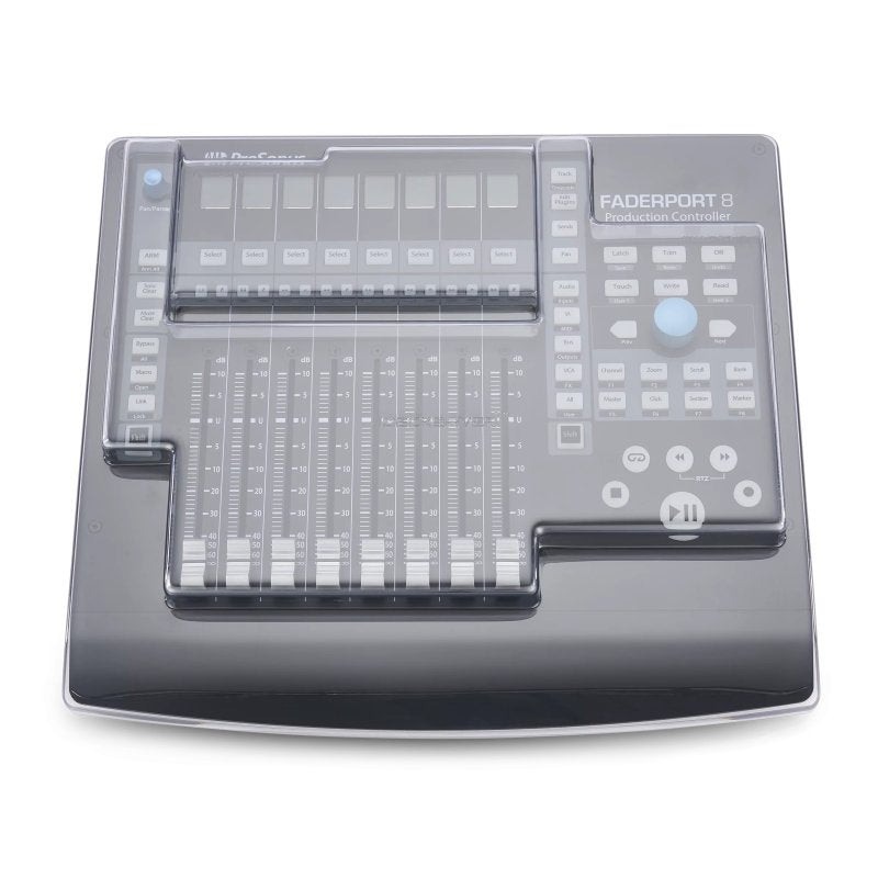 Decksaver cover for PreSonus Faderport 8 pro audio mixer, durable plastic protective case shown on device.