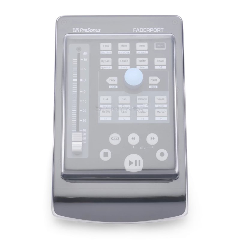 Decksaver cover for PreSonus Faderport pro audio mixer, clear protective plastic designed to shield the device from dust and damage.