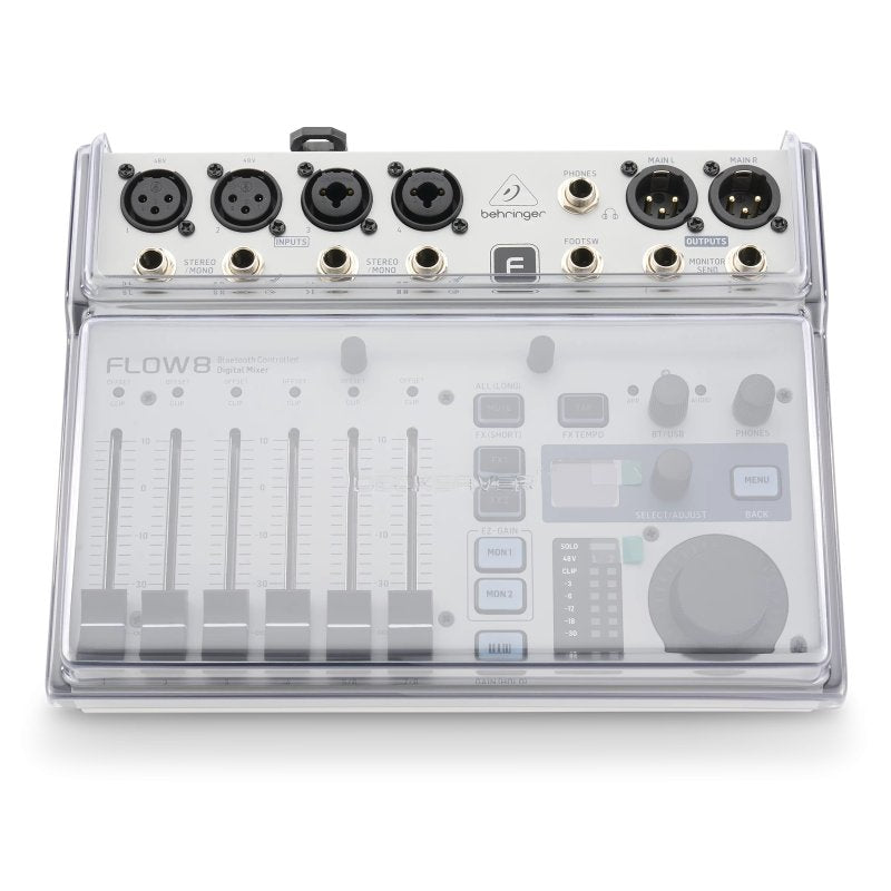 Decksaver cover for Behringer Flow 8 pro audio mixer, clear protective plastic shield with precise fit and durable construction.