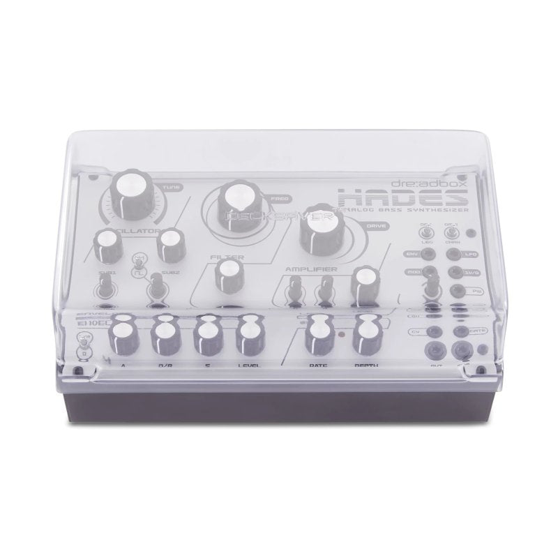 Decksaver synth cover for Dreadbox Hades, Erebus, and Hypnosis synthesizers, showing a clear protective plastic shell over the devices
