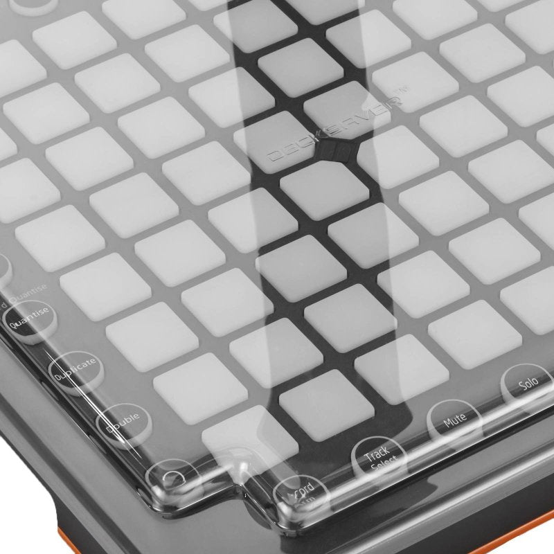 Decksaver Novation Launchpad cover for producer controllers, smoked and clear protective plastic cover in image.