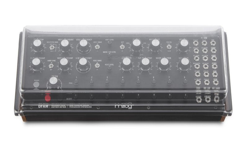 Decksaver Moog Mother 32 and DFAM groovebox cover, clear protective plastic for safeguarding synthesizer equipment.