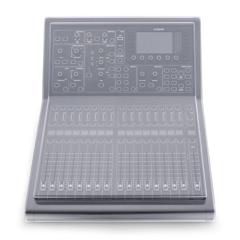 Decksaver cover for Midas M32R or M32R LIVE mixer, protective pro audio mixer cover from Decksaver, shown on the mixer.