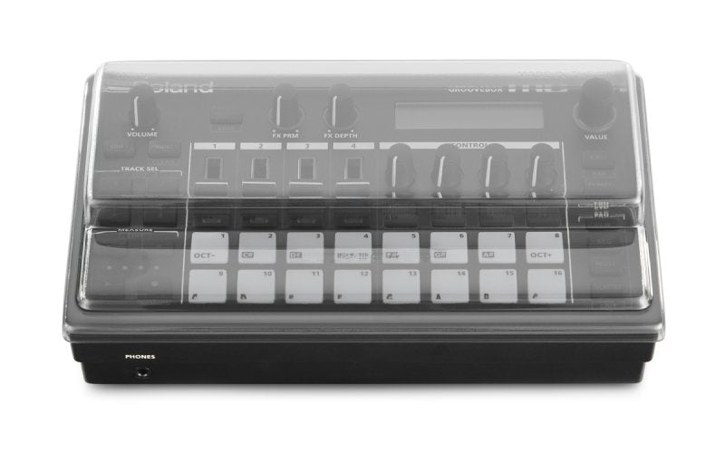 Decksaver Roland MC-101 cover for groovebox protects electronic music equipment from dust and damage.