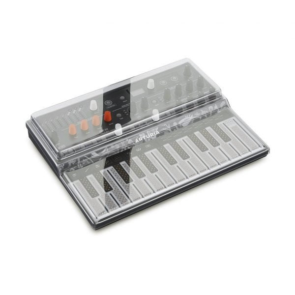 Decksaver Arturia Microfreak synthesizer cover in clear plastic, designed to protect the keyboard from dust and damage.
