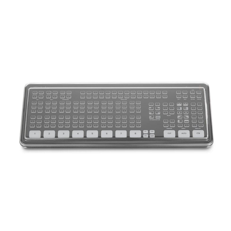 Decksaver cover for Blackmagic ATEM Mini Extreme producer controller, protective transparent plastic cover with custom fit.