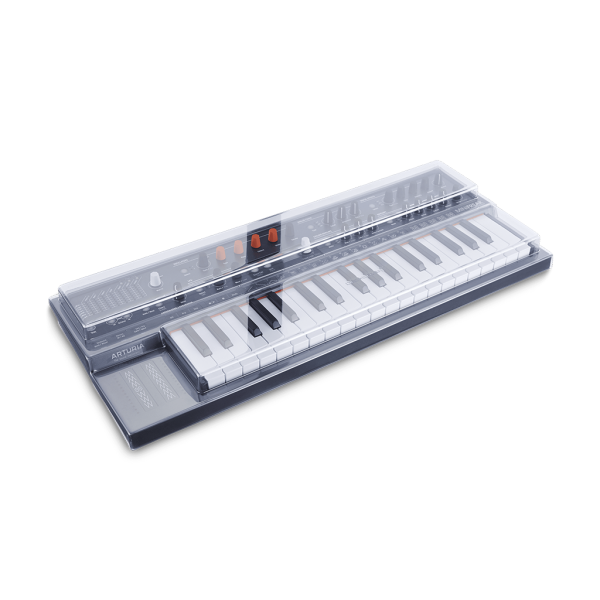 Decksaver cover for Arturia MiniFreak synthesizer, clear protective plastic case, snug fit to shield the instrument from dust and damage.