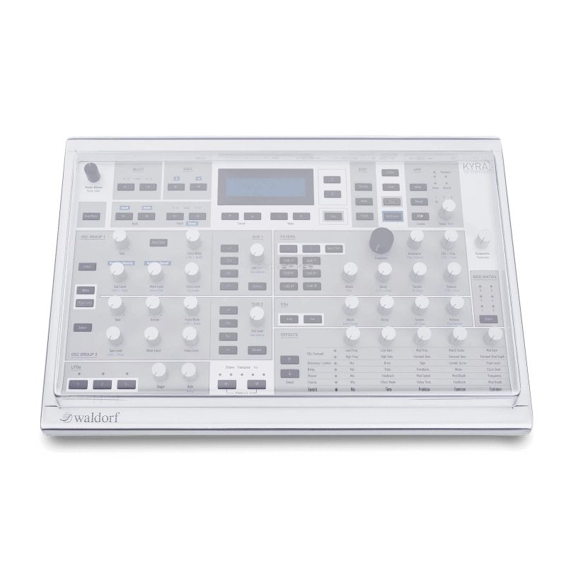 Decksaver synth cover for Iridium, M, and KYRA synthesizers, clear protective cover with precise fit and brand logo.