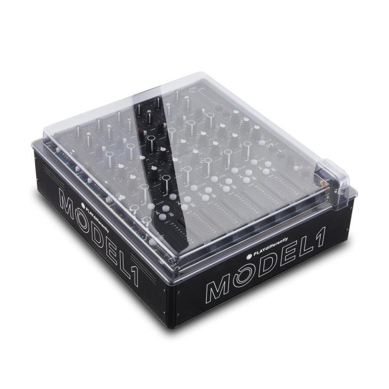 Decksaver DJ mixer cover for Playdifferently Model 1, clear protective plastic case fitting the DJ equipment.