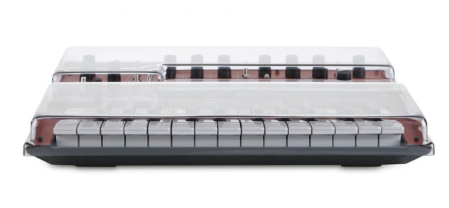 Decksaver smoked clear cover for Korg Monologue synthesizer, protective plastic cover, transparent with dark smoked edges, fits securely.