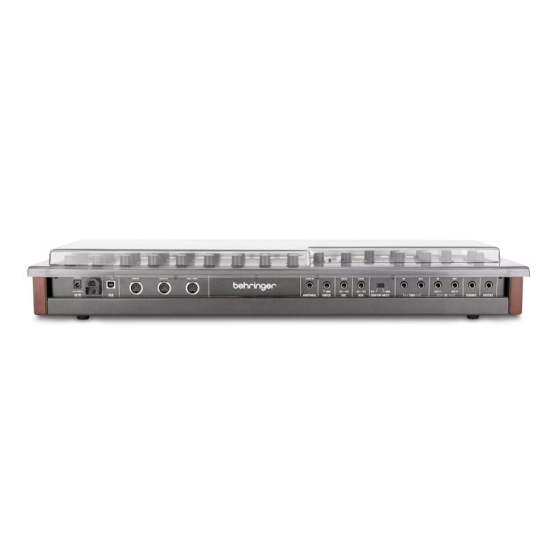 Decksaver cover for Behringer MonoPoly synthesizer, transparent protective plastic cover with branding, designed to safeguard the device.