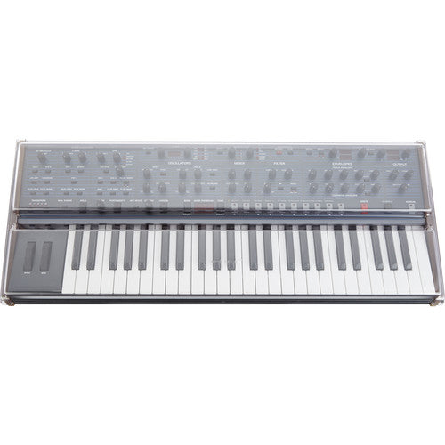 Decksaver cover for Dave Smith Instruments OB-6 synthesizer, smoked clear plastic protection for hardware and controls.