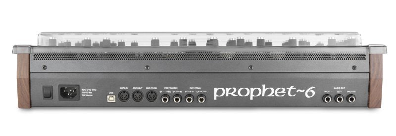 Decksaver cover for Sequential Prophet 6 desktop synthesizer, protective synthetic cover with clear branding and precise fit.