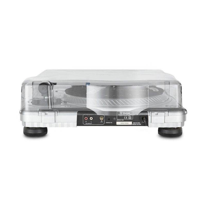Decksaver turntable cover for Vestax PDX-2000 and PDX-3000, clear protective plastic cover on turntable with control knobs visible