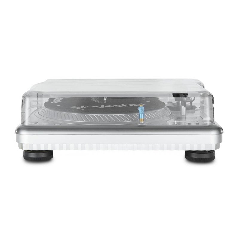 Decksaver turntable cover for Vestax PDX-2000 and PDX-3000, clear protective plastic cover on turntable with controls and platter visible