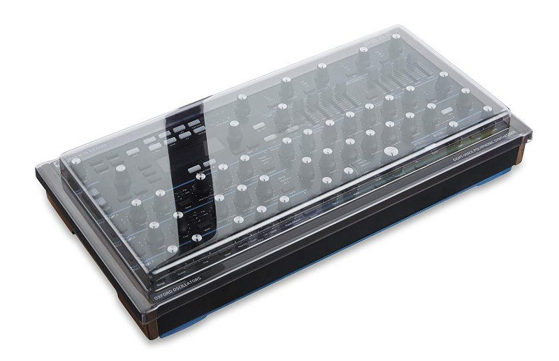 Decksaver polycarbonate cover protecting Novation Peak analog synthesizer, durable and form-fitting for safe storage.