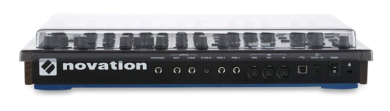Decksaver polycarbonate cover on Novation Peak synthesizer, protecting the analog synthesizer from dust and damage.