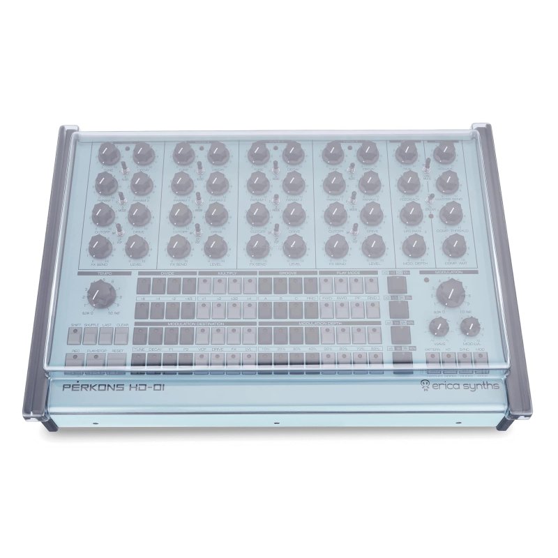 Decksaver cover for Perkons HD-01 synthesizer, clear protective plastic case with brand logo, designed to shield the device.