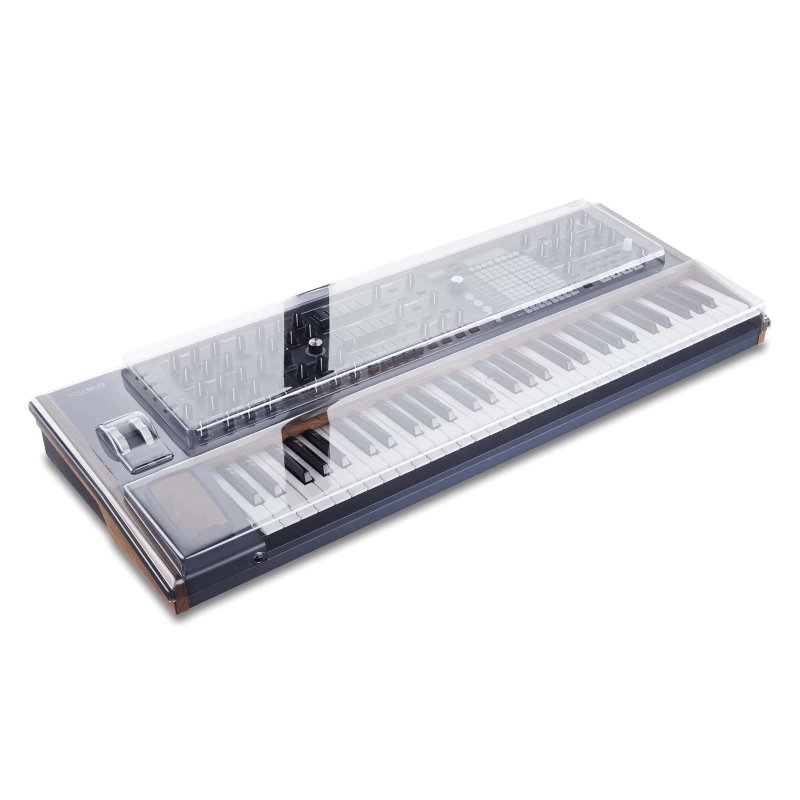 Decksaver cover for Arturia Polybrute synthesizer, clear protective plastic case resting over the keyboard and knobs.