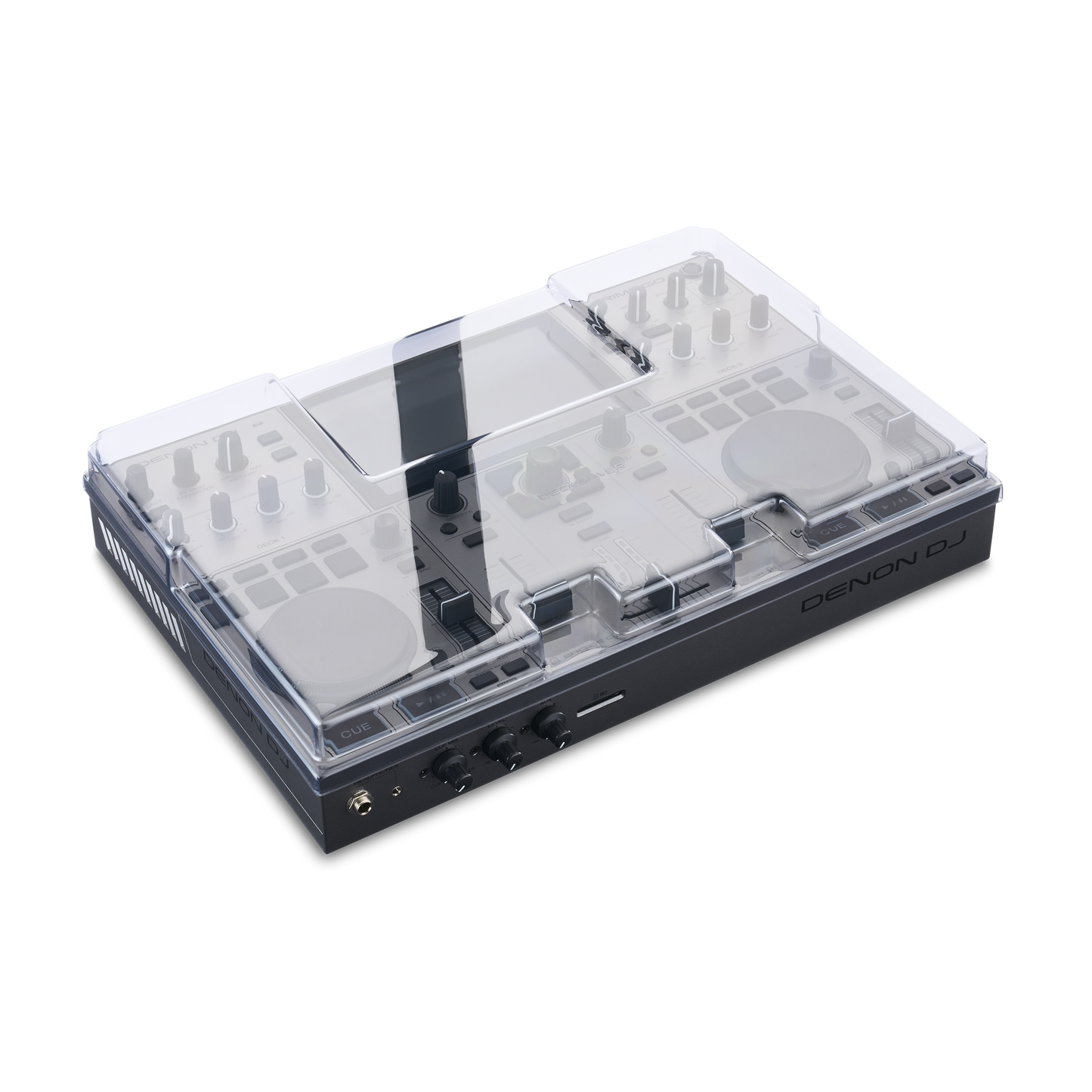 Decksaver cover for Denon DJ Prime GO and GO+ DJ controllers, protective clear plastic cover on the controller.