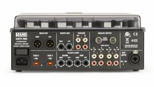 Decksaver Rane Sixty-Two DJ mixer cover, clear protective plastic case for Rane Sixty-Two DJ mixer, durable and dust-resistant.