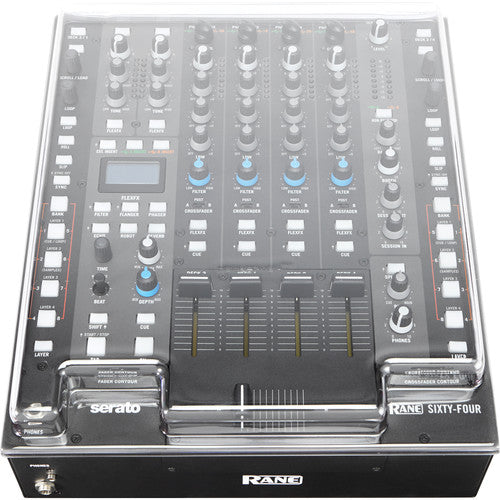 Decksaver Rane Sixty-Four DJ mixer cover, clear protective plastic case fitting Rane Sixty-Four mixer for safe transportation.