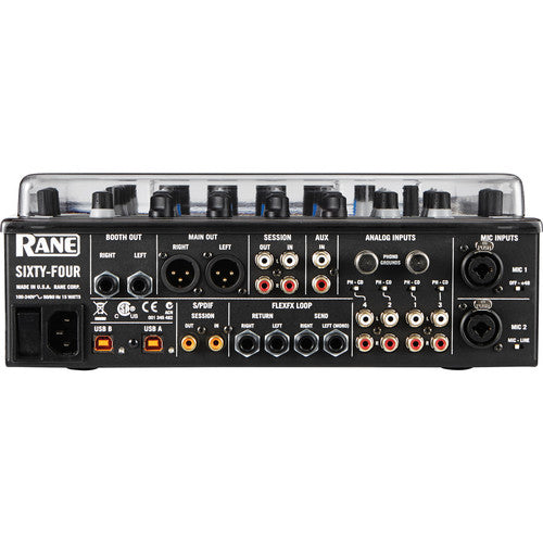 Decksaver Rane Sixty-Four DJ mixer cover made of durable clear plastic, designed to protect the Rane Sixty-Four mixer from dust and damage.