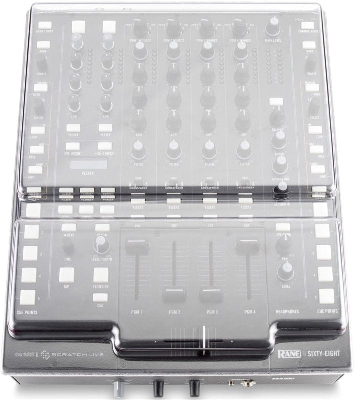 Decksaver Rane Sixty-Eight DJ mixer cover showing clear, durable plastic material designed for protection and easy fitting.