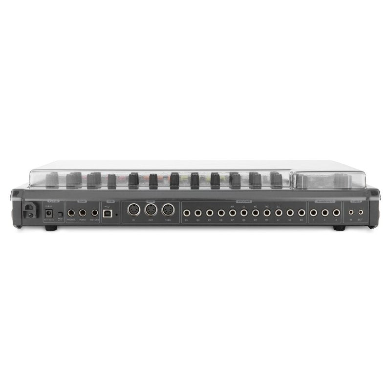 Decksaver Behringer RD-8 groovebox cover shows a clear protective plastic case designed for the Behringer RD-8 drum machine.