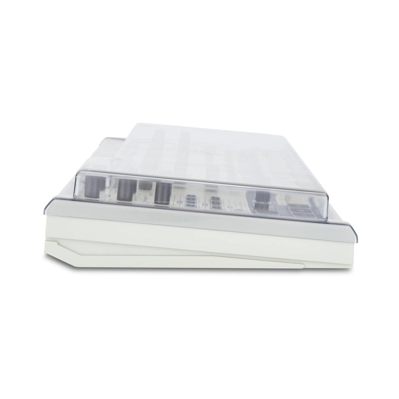 Decksaver cover for Behringer RD-9 groovebox, protective plastic case with custom fit and clear design for safe transport.