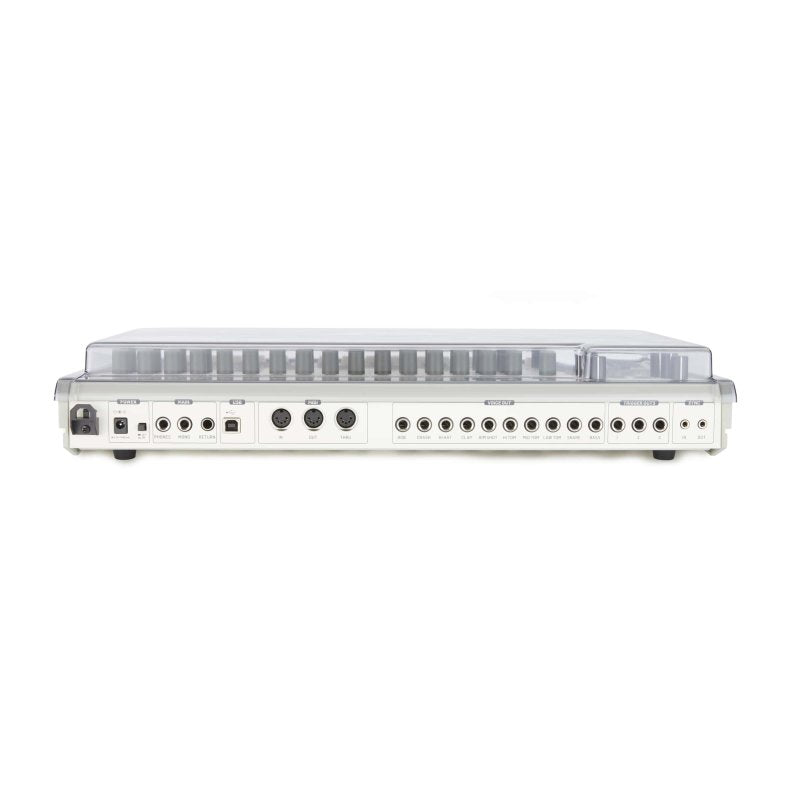 Decksaver cover for Behringer RD-9 groovebox, transparent protective plastic case showing fitted design and secure fit.