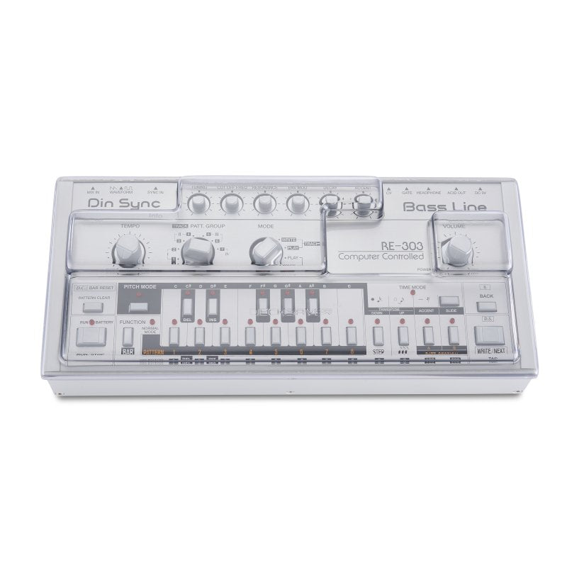 Decksaver groovebox cover for Din Sync RE-303, showing a clear protective plastic shell fitted over the synthesizer.