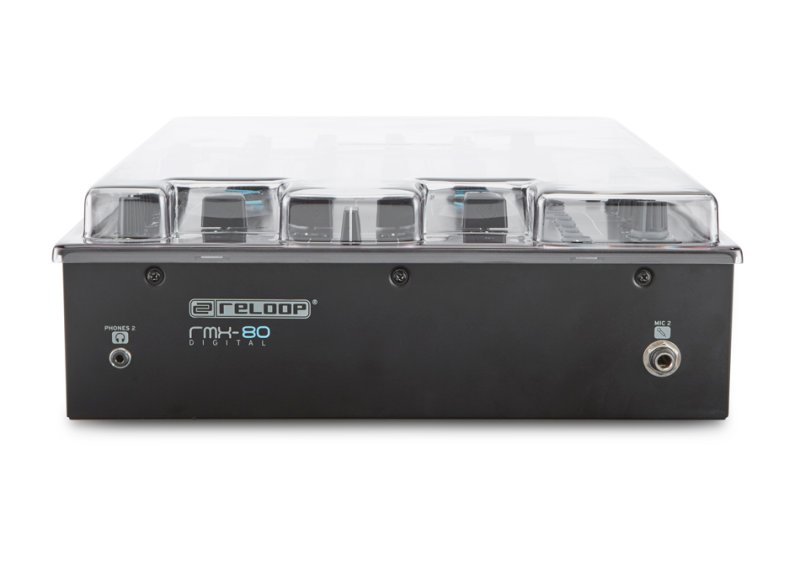 Clear protective dust cover for Reloop RMX 90/80/60 DJ mixer by Decksaver, durable hard plastic for dust and damage protection.