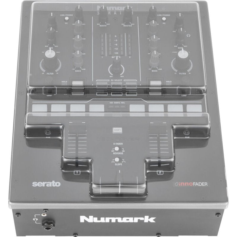 Decksaver smoked clear cover for Numark Scratch Mixer, durable DJ mixer protection with a sleek, transparent design.