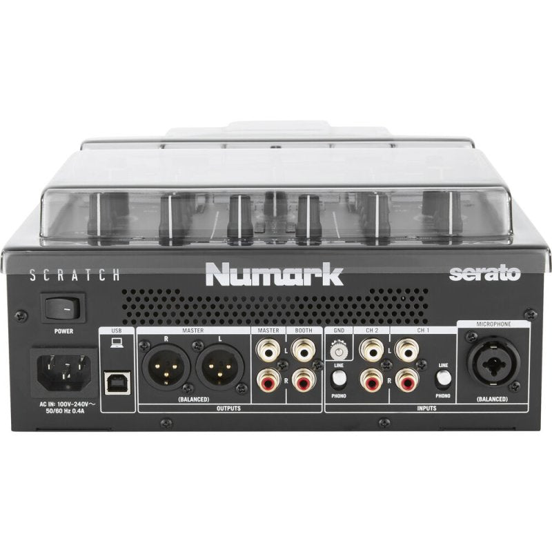 Decksaver smoked clear cover for Numark Scratch Mixer, durable protective DJ mixer cover with precise fit and transparent design.