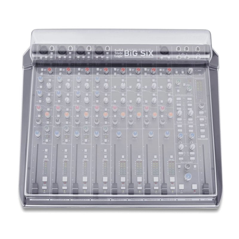 Decksaver cover for Solid State Logic Big Six pro audio mixer, clear protective plastic shield with cutouts for controls.