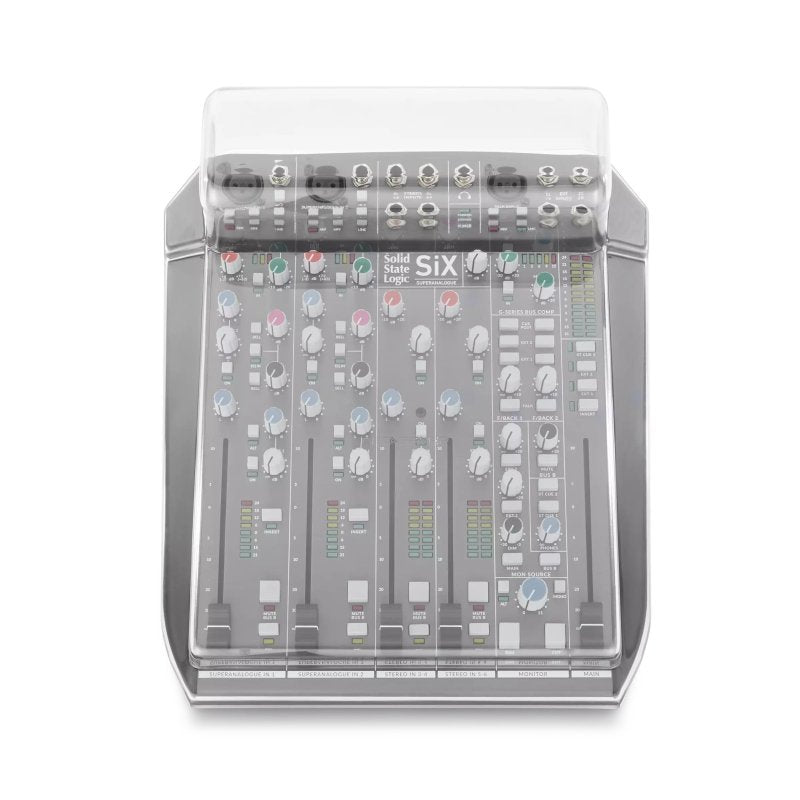 Decksaver cover for Solid State Logic SiX pro audio mixer, transparent protective cover for safe transportation and dust protection.