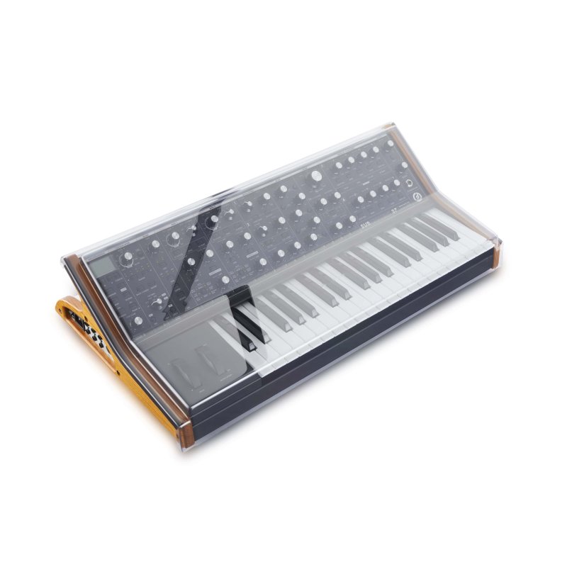 Decksaver cover for Moog Subsequent 37 synthesizer, clear protective plastic cover shown on the keyboard.