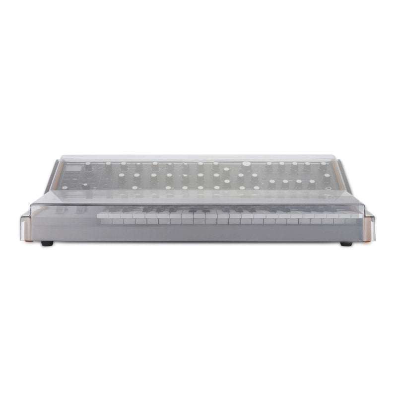 Decksaver cover for Moog Subsequent 37 synthesizer, durable protective plastic case for keyboard gear.
