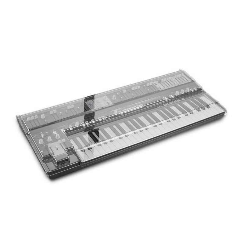 Decksaver synth cover for Udo Super 6 synthesizer in black, made of durable plastic, protecting the device from dust and damage.