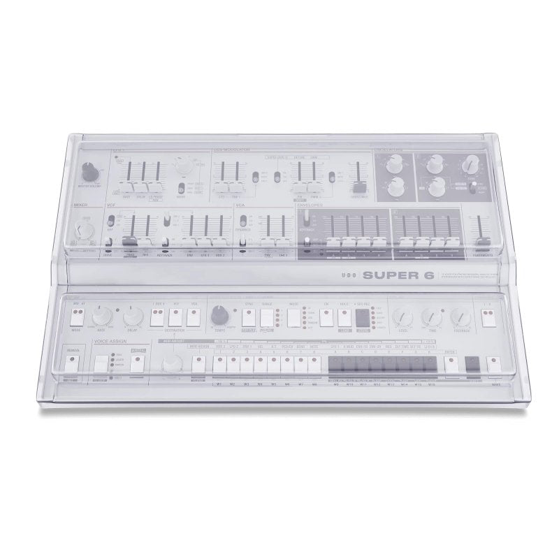 Decksaver cover for Super 6 desktop synthesizer, clear protective synth cover from Decksaver, shown on the device.