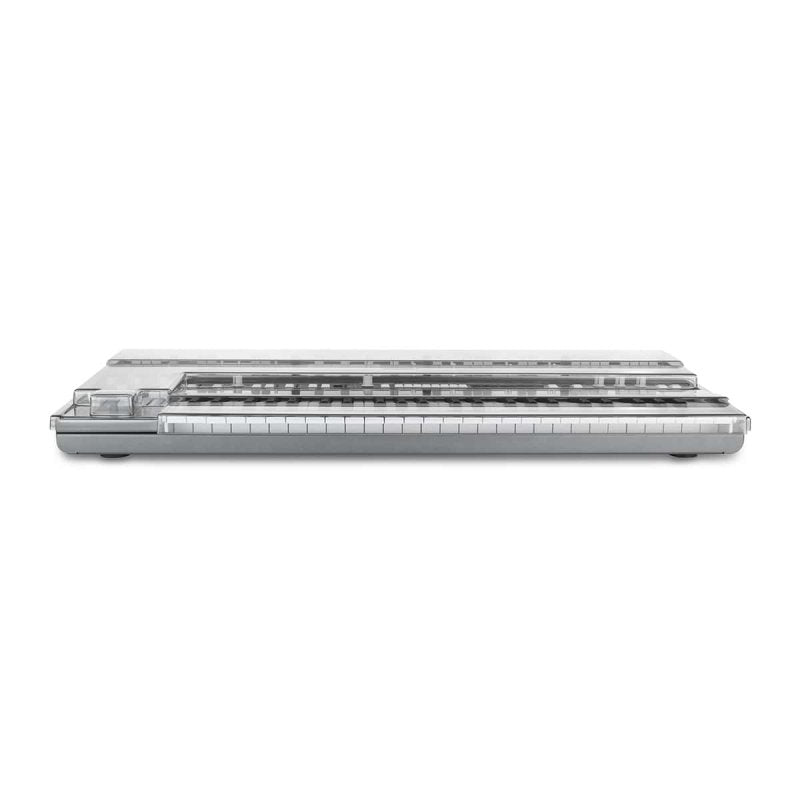 Decksaver cover for Udo Super 6 synthesizer, clear protective plastic cover with branding, designed to fit and protect the device.