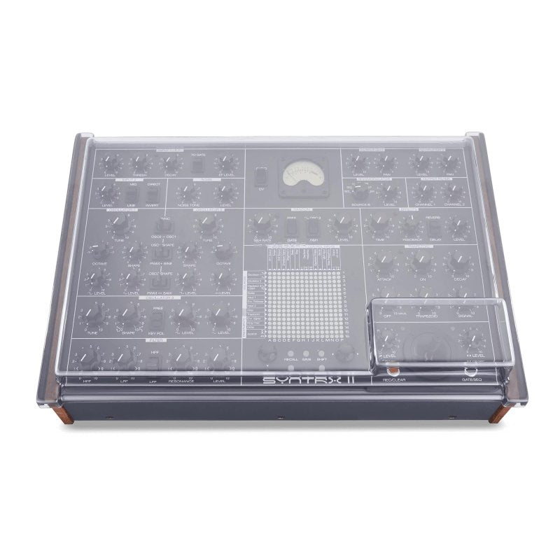 Decksaver cover for Syntrx and Syntrx 2 synthesizers, showing a black protective plastic cover over the devices.