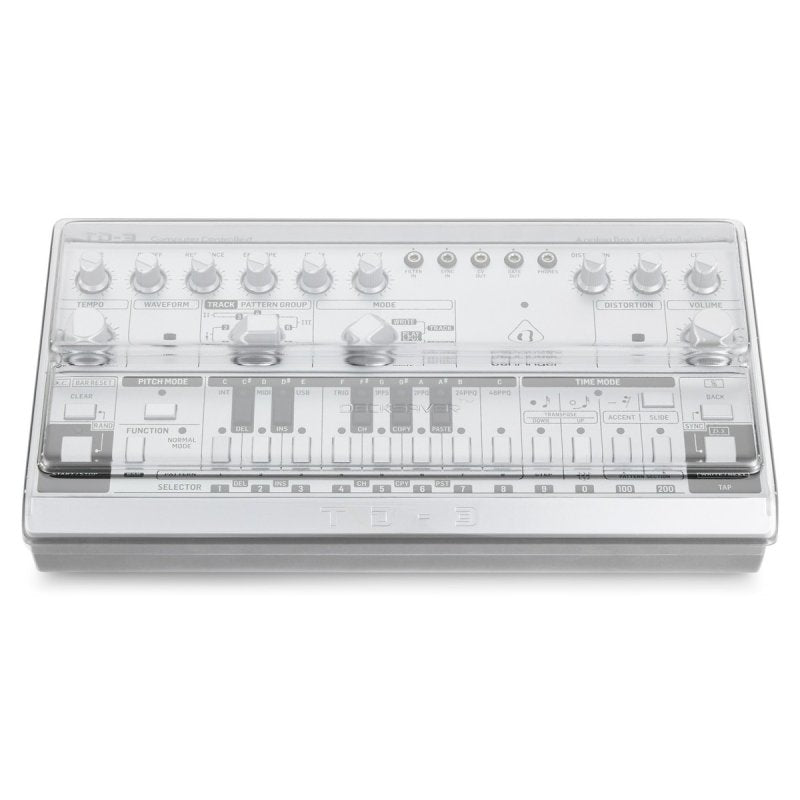Decksaver Behringer TD-3 cover protecting groovebox, custom-fit transparent plastic case for Behringer TD-3 synthesizer.
