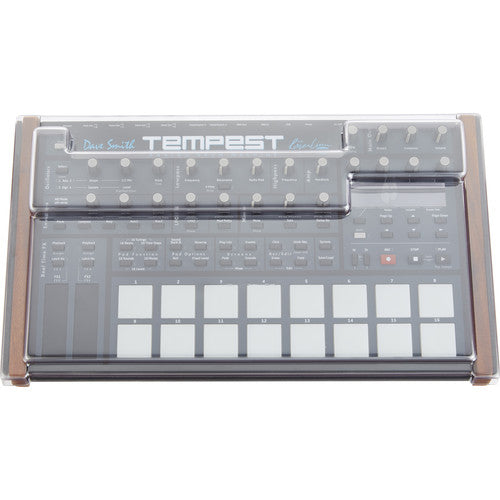 Decksaver cover for Dave Smith Instruments Tempest groovebox, smoked clear plastic protective cover with precise fit for device.