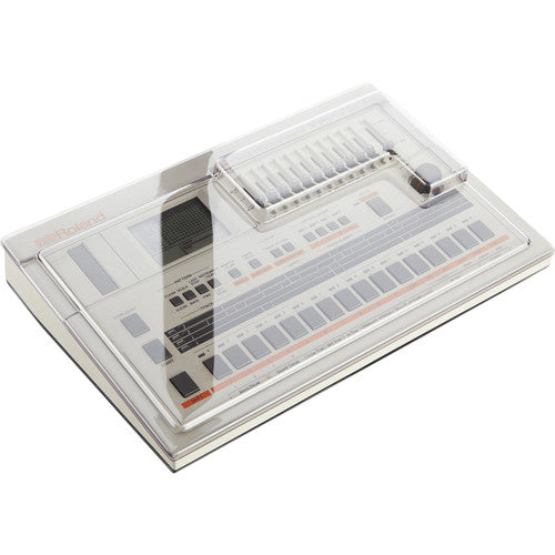 Decksaver cover for Roland TR-707 drum machine, smoked and clear groovebox protection, made by Decksaver.