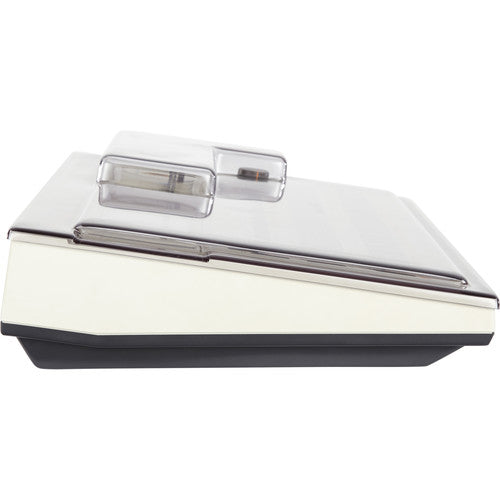 Decksaver cover for Roland TR-707 drum machine, smoked clear groovebox protective case, showing the slim, transparent design.